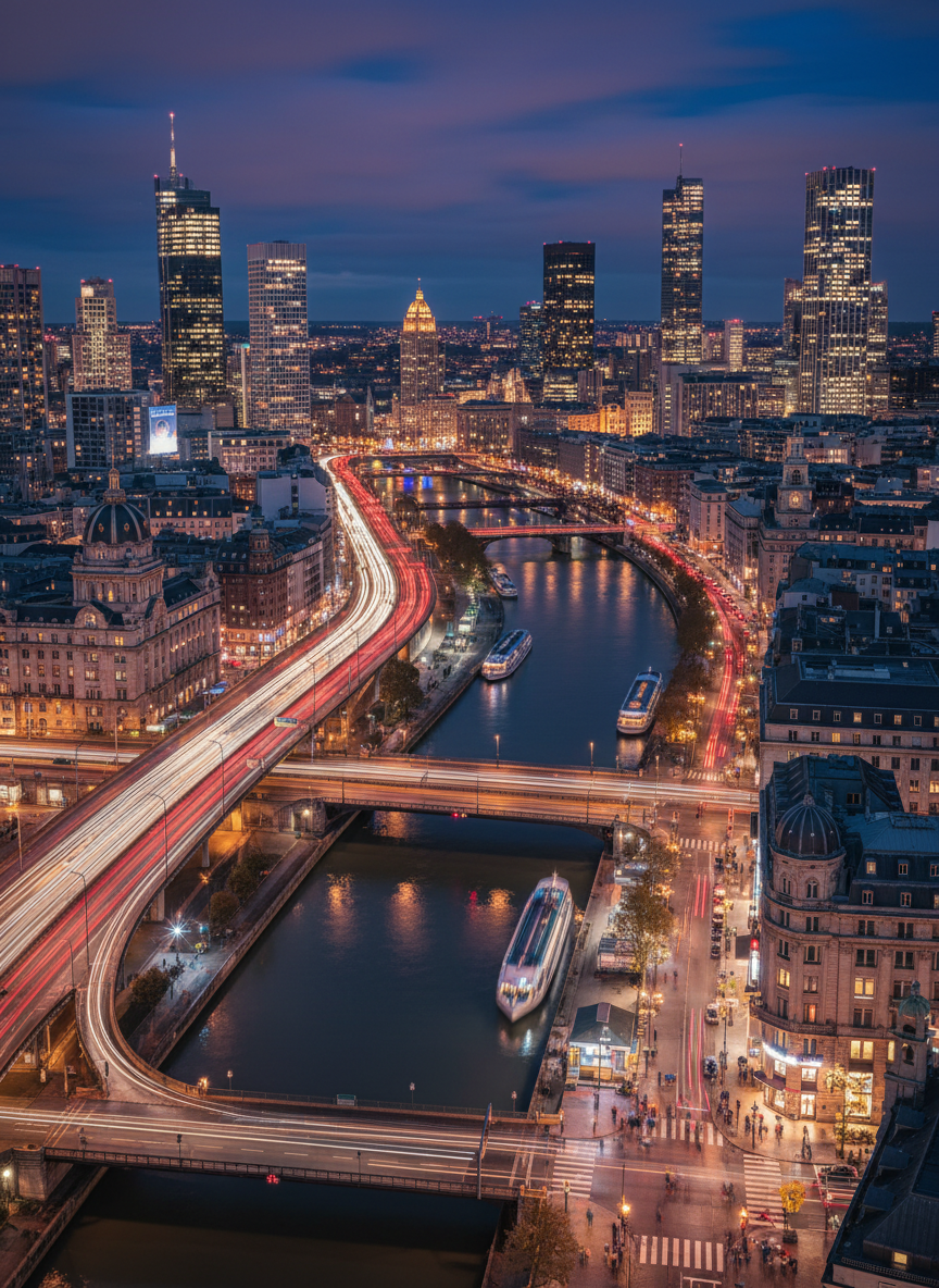 Global business cityscape at night